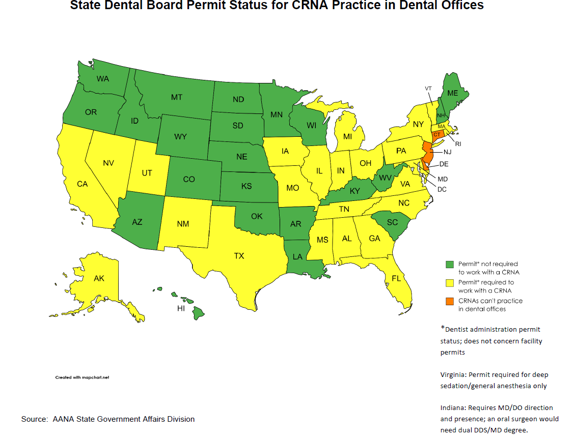 State Dental Board Permit Status for CRNA Practice in Dental Offices Map